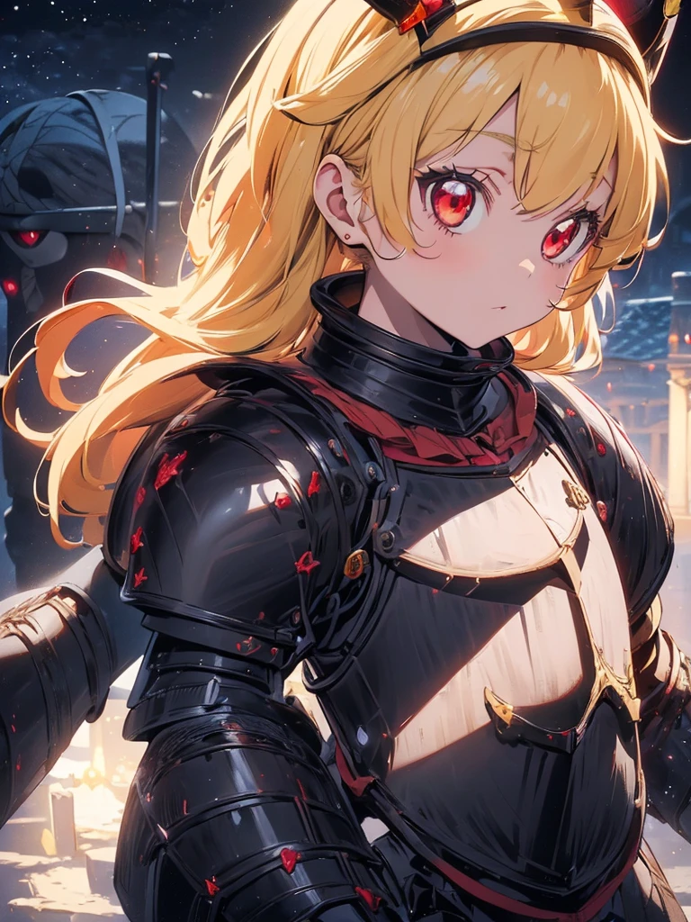 (RED Ribbon on HAIRband:1.2),(blonde hair :1.5),long hair,hair ornament,(((RED eyes))),(Anime Girl: 1.2), (Master Piece)), (Best Quality: 1.2), (8k Quality)), (Extremely Detailed Illustration)), (super fine Illustration)), an Extremely Delicate and Beautiful, Ultra High Resolution,fantasy,18 yo, cute face, kawaii,1 girl, solo,medium breasts,
(knight girl:1.9),(black diamond knight armor:1.9),((red cape)),weapon,(hand holding a trident:1.3),night,moon,castle town,outdoor:1.5,,Ichigo Hoshimiya (Aikatsu!),samurai,