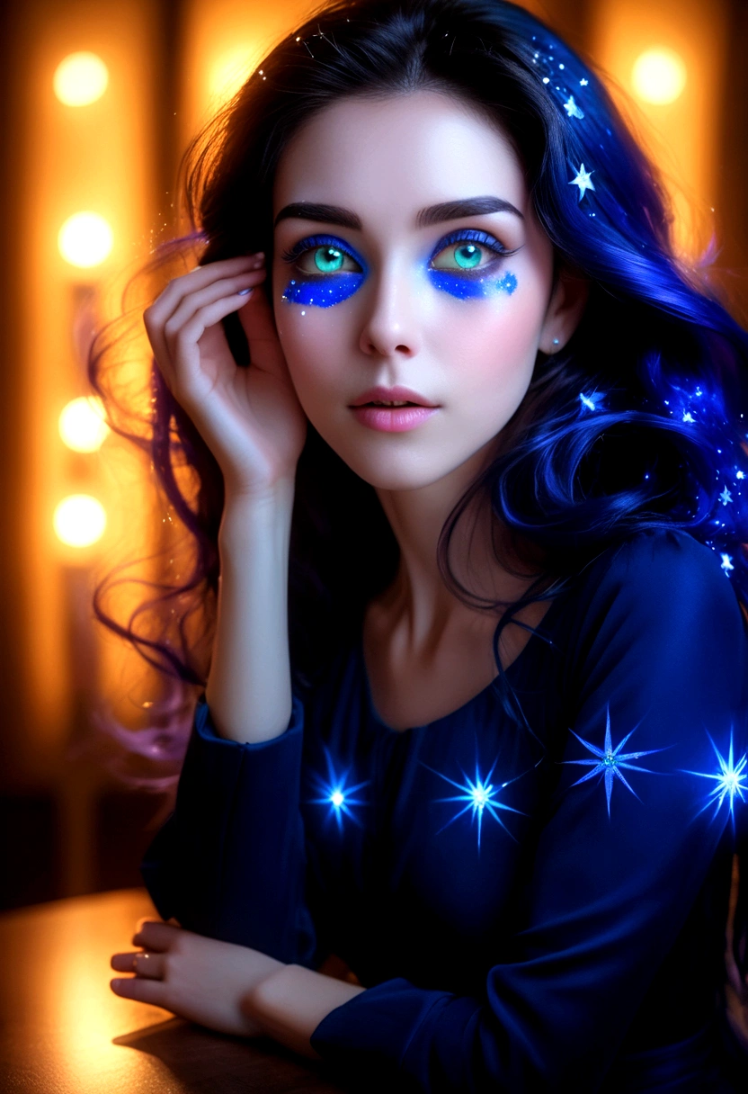 ((a extreme close up: 1.5)) facial picture of an astrologist who divine the future from the stars, an extraordinary beautiful woman, divining the future from the stars, there is magic in her eyes, the (( her irises are colored deep blue with stars in them: 1.5)) Intense gaze, ladyshadow , dynamic hair color, dynamic hair style, she sits near a table, dynamic clothing, dynamic background, vibrant, Ultra-high resolution, High Contrast, (masterpiece:1.5), highest quality, Best aesthetics), best details, best quality, highres, 16k, [ultra detailed], masterpiece, best quality, (extremely detailed), ladyshadow