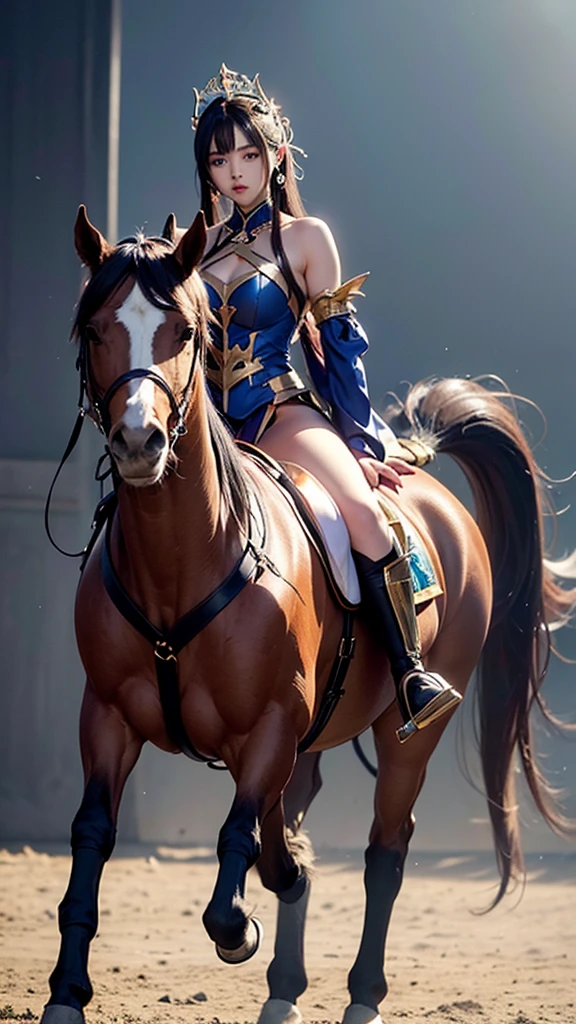 Beauty Knight。Tight knight suit。Handsome face。White and tender skin。Perfect and attractive figure。Galloping on a horse。Plump thighs exposed。Exposed thighs。Exposed shoulders and back。Full body portrait。