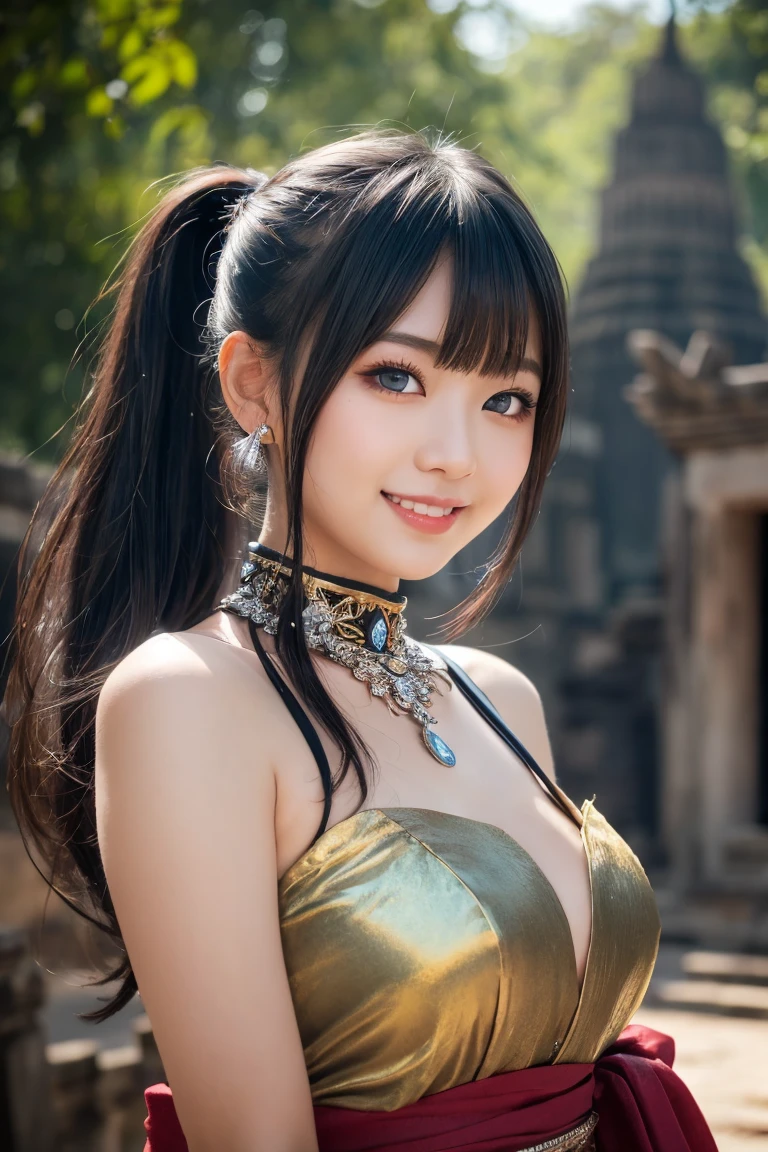 ((masterpiece)), ((best quality)), (ultra-detailed), ((kawaii)), cute, (lovely), ((extremely detailed)), 4K, (8K), best quality, (beautiful), illustration, (body shot), from front, a cute girl, 1girl, japanese, solo, BREAK, shaman, (shaman costume), (beautiful deep blue hair), long hair, (hi-pony tail), (beautiful eyes), beautiful blue eyes, (smile), shine with colored light, forest ray light, (mystical ancient ruins, prambanan temple compounds)、