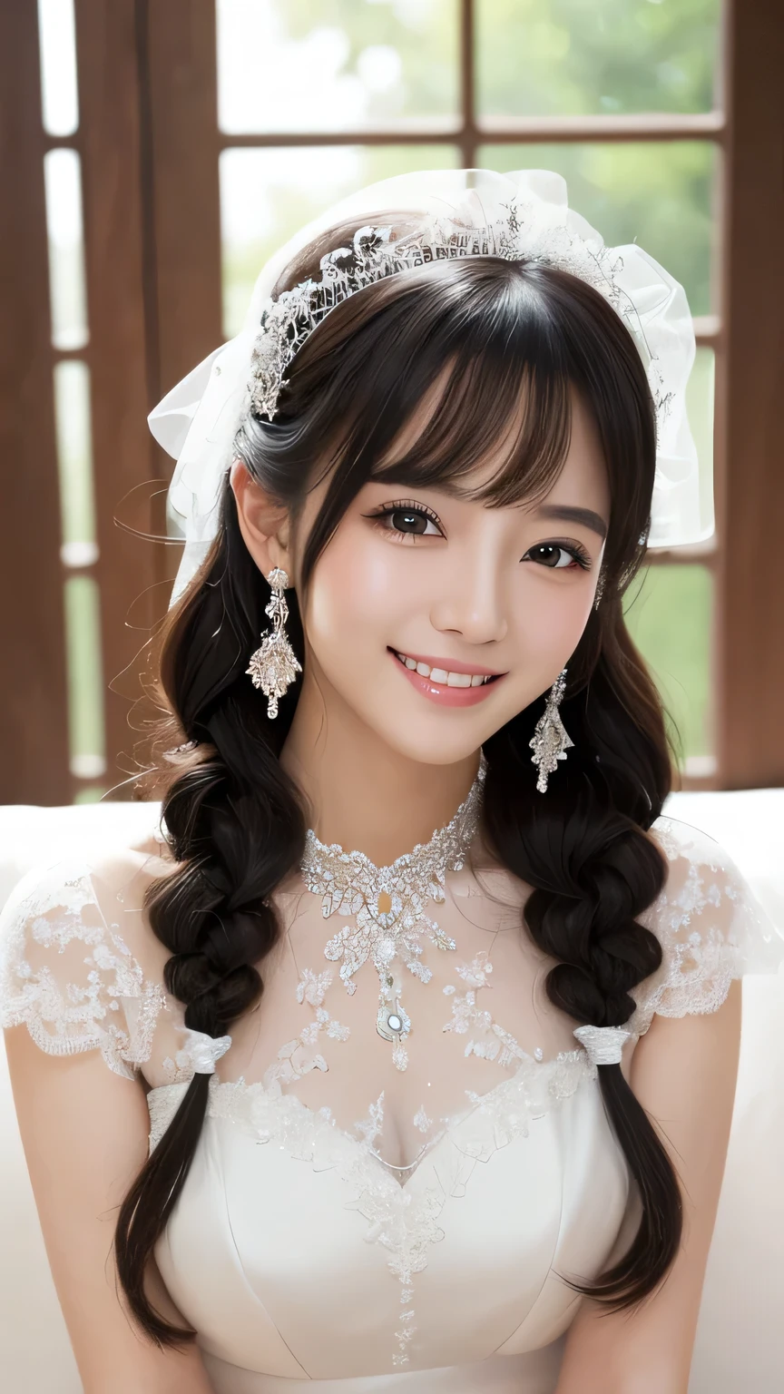 (masterpiece:1.3), (8K, Photorealistic, Raw photo, Best image quality: 1.4), Japanese 、Take a full-body photo,Wedding dress、Cute costume,Medium Hair,crystal,Natural color lip,(Random Hairstyles:1.2)、Super detailed face、Attention to detail、double eyelid、Sharp focus:1.2、Beautiful woman:1.4、Black Hair、highest quality、masterpiece、超A high resolution、(Photorealistic:1.4)、Highly detailed and professionally lit smile、