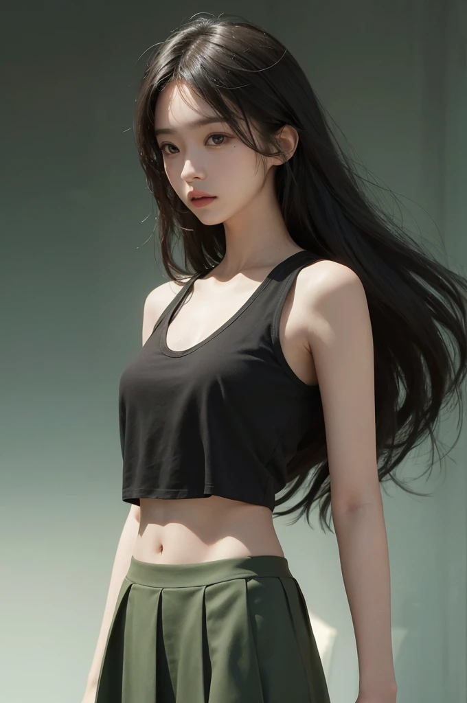 20 year old girl, black tank top, black skirt, long hair, high contrast (Natural skin texture, Hyperrealism, Soft Light, sharp), portrait, standing, kpop