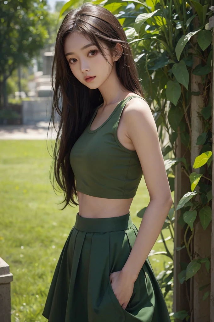 20 year old girl, green tank top, green skirt, long hair, high contrast (Natural skin texture, Hyperrealism, Soft Light, sharp), portrait, standing, kpop