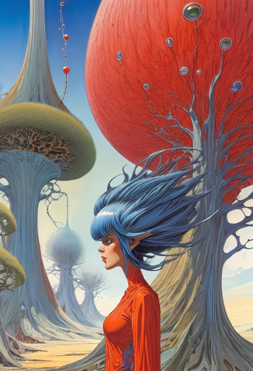 illustration, Moebius (Jean Giraud) Style page, a Moebius painting by Max Ernst, Style of Ralph Bakshi, epic composition, an alien woman, flowing mohawk hair, unique features, shiny skin, piercing eyes, surreal landscape, dragons blood trees, cel-shaded, by Remedios Varo, highly detailed 