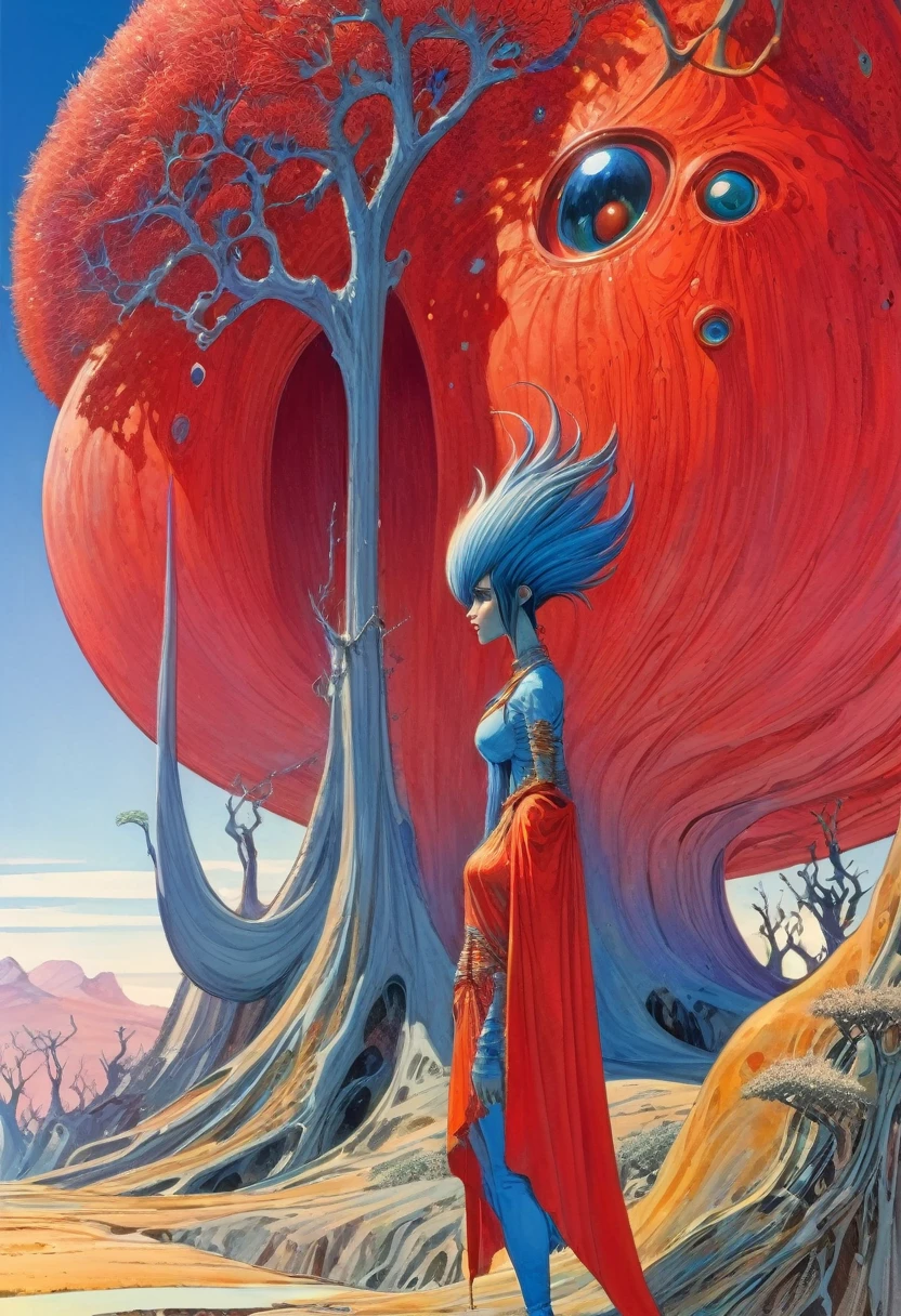 illustration, Moebius (Jean Giraud) Style page, a Moebius painting by Max Ernst, Style of Ralph Bakshi, epic composition, an alien woman, flowing mohawk hair, unique features, shiny skin, piercing eyes, surreal landscape, dragons blood trees, cel-shaded, by Remedios Varo, highly detailed 