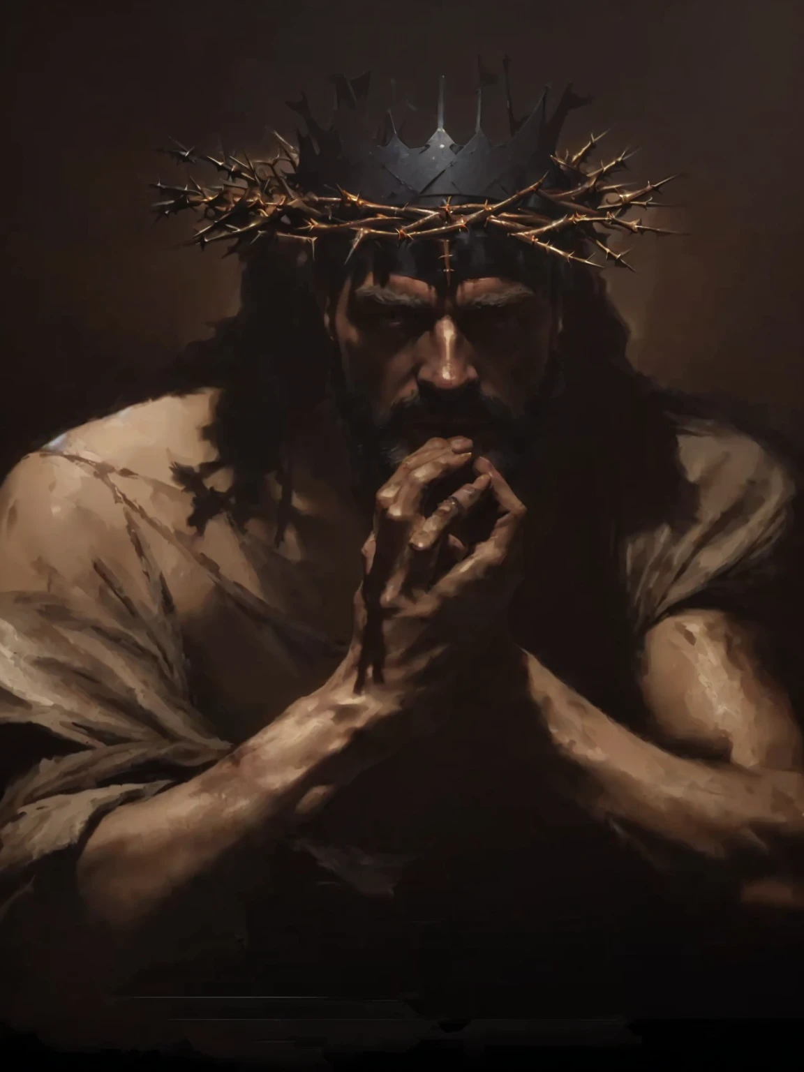 a painting of a man with a crown of thorns on his head, Direction: Willem Drost, por Johannes Helgeson, Michael Hussardo, Craig Mullins Necro, by Karl Kopinski, bastien lecouffe - deharme, inspired Direction: Willem Drost, Gabriele Dell'otto, Craig Mullins spotted lighting, (Foto RAW, real, best qualityer, Masterpiece artwork: 1.2), (Hiper realisitic, realisitic: 1.2), high qualiy, (dark ilumination: 1.2), perfect lighting, Lightroom, 35mm films, cinemactic, dimmed colors, dark shot, Muted colours, grainy film, lute, insane details, Intricate details