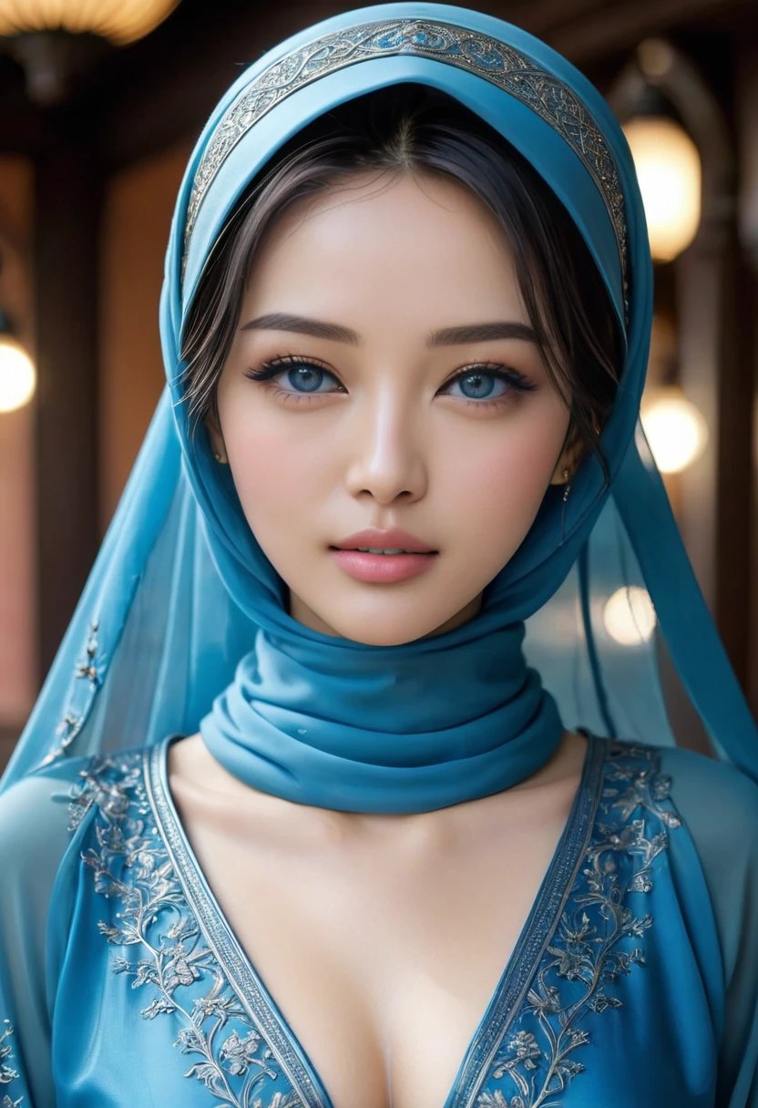 best quality, masterpiece, realistic:, luminate, beautiful muslim, hijab, twirling hijab, close hijab without show hairs, fully covered with abaya robe, 1 girl, blue hijab, blue eyes, Front, detailed face, beautiful eyes, cowboy shot, dark blue polite dress, tight dress, super shiny dress, ao dai dress, volumetric lighting, gorgeous face, moist skin, 50mm f1.4 lens, fully covered polite dress, ornamented robe, close up portrait, young face, cute asian face,