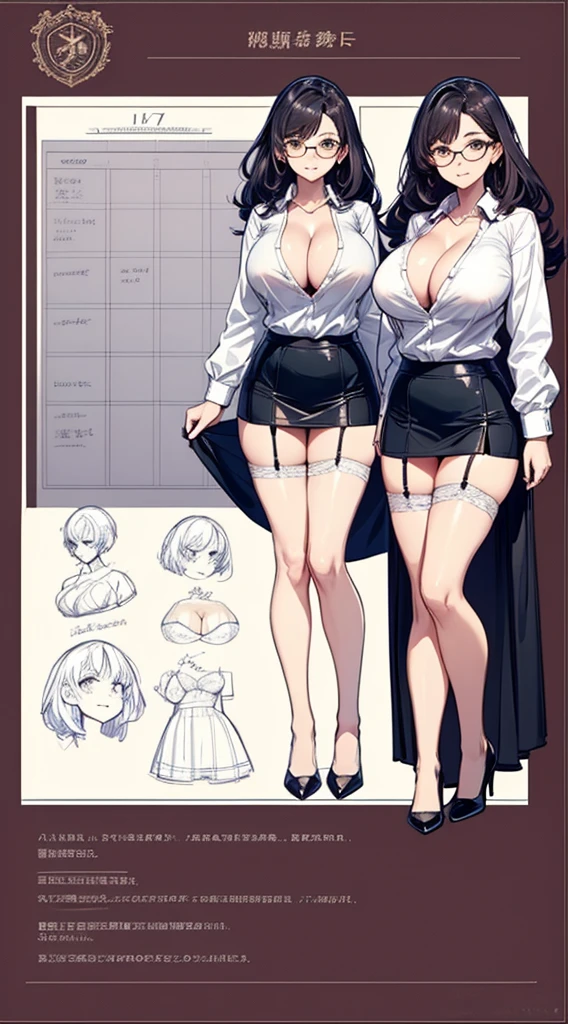 girl, alone, whole body, From head to toe, Are standing, (Huge Saggy Tits:1.3),
Character design sheet, Character Reference Sheet, 設計図のSchematic, Drafting, Blueprint, Schematic,
((Character design sheet:1.7, Character Reference Sheet:1.7,)),
anime/cartoon character wearing a girls , 1girl, alone, ,Mature Woman,Cleavage,Long sleeve,Collared shirt,White shirt,,(Tight Skirt),((garter belt)),(High heels),Skirt Suit,mini skirt,office lady,Long Hair, bow, , (Very short skirt:1.4), (lingerie:1.5),secretary,Thin glasses, In underwear:1.5,nsfw