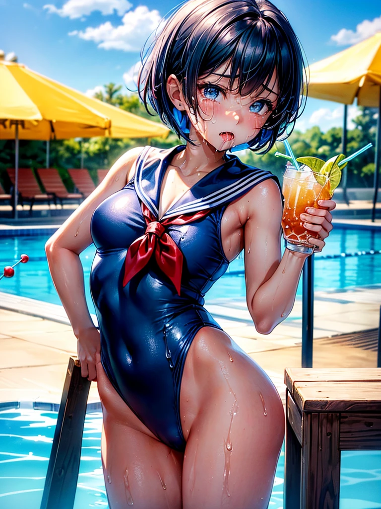 Highest quality,Highest Resolution,Sailor leotard(((2People and above)))A beautiful girl with a crying face,High leg,(((Tback))),Very beautiful eyes,Competition Pool,(((Holding a drink in your hand))),(((Dripping saliva))),sunny,blue sky,sweat profusely,Red tie,whole body,Black short bob,