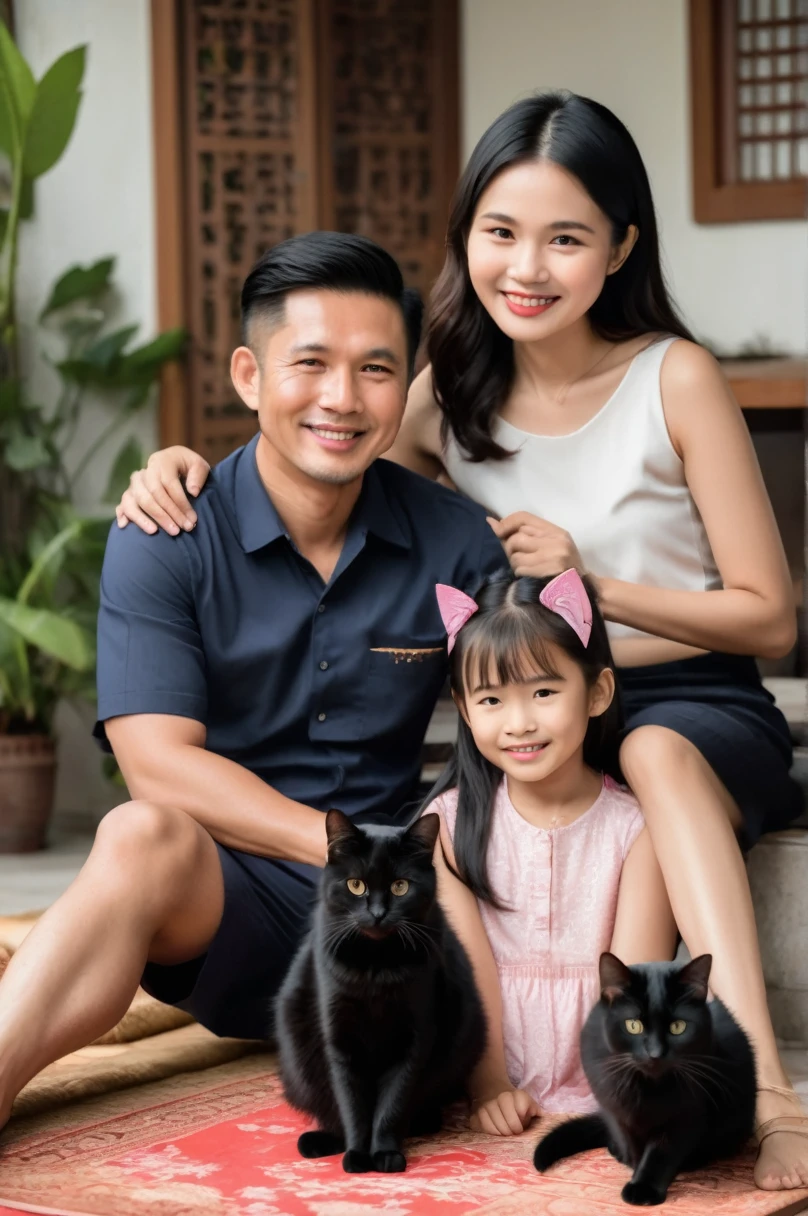 Inside a Thai family's in home, the 30-year-old father, 30-year-old mother, and their 11-year-old daughter are spending time together. The daughter is holding a fluffy black cat in her arms. They are all engaged in conversation. Everyone has black hair. (Daughter and cat in the middle:1.4), (long shot:1.6). (fluffy black cat realistic:1.4)