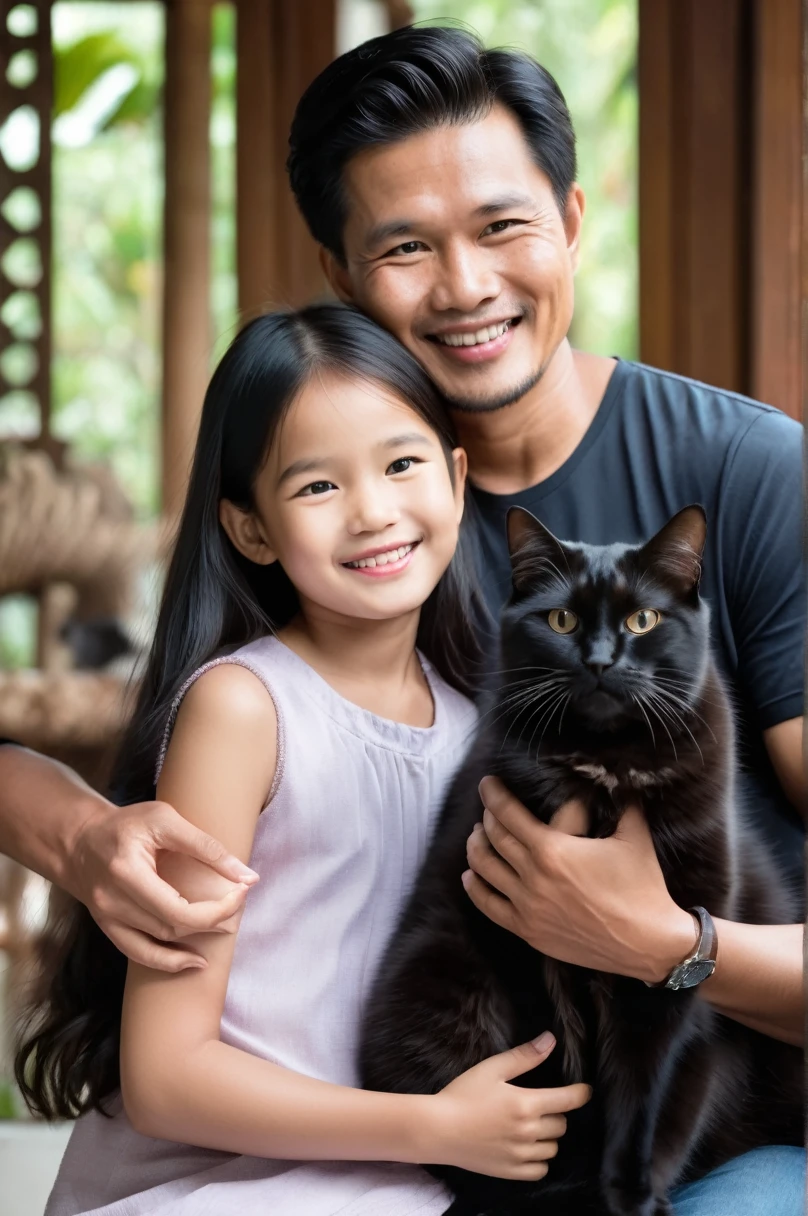 Inside a Thai family's in home, the 30-year-old father, 30-year-old mother, and their 11-year-old daughter are spending time together. The daughter is holding a fluffy black cat in her arms. They are all engaged in conversation. Everyone has black hair. (Daughter and cat in the middle:1.4),  (long shot:1.6). (fluffy black cat realistic:1.4)