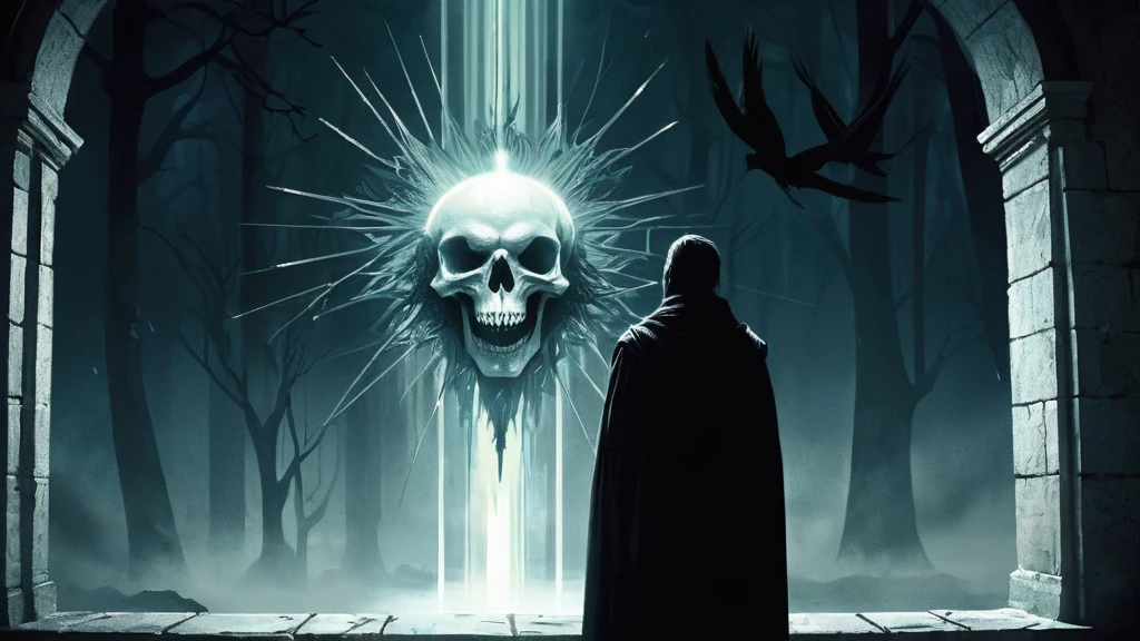 Create an image of a man standing near a large window, in the morning at the forest his eyes fixed on the crows perched around it. The man exudes a sense of calm, with long black hair tied neatly and a flowing white outfit that contrasts sharply with the somber atmosphere. His face is etched with lines of age, yet his gaze remains sharp and full of wisdom. In one hand, he holds a skull, its hollow eyes reflecting the light from the window.
The room around him is dimly lit, with the window providing the main source of light, casting a soft glow on his features and illuminating the skull's contours. Outside, the sky is overcast, adding to the somber and reflective atmosphere. The crows, dark and ominous, sit silently, their presence enhancing the mystical and contemplative mood of the scene.
This image captures a moment of quiet introspection and connection with both the natural and supernatural worlds, highlighting the man's serene yet powerful presence in a dark medieval fantasy setting.