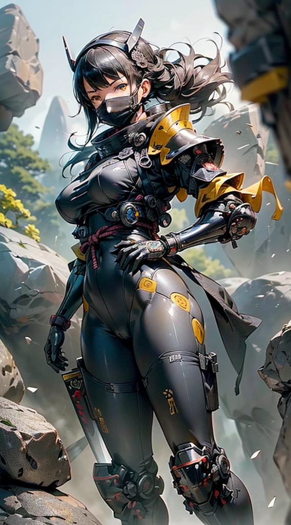 (masutepiece,Extremely detailed, Heavy mechs, hard surface),(concept art:1.1),(Armored Core Style:0.8), A woman wearing ninja robo armor is tying a seal,(full armor:1.4),(tactical ninja mask:1.5),(yellow body:1.1),(long legged:1.1),(Equipped with a sword on his back:1.3),(A detailed eye:1.3),(A detailed face:1.3),(Detailed weapons:1.3),(Detailed body:1.3),((full bodyesbian:1.5)),(In the background, rocks are floating in the air.:1.5),lifelike