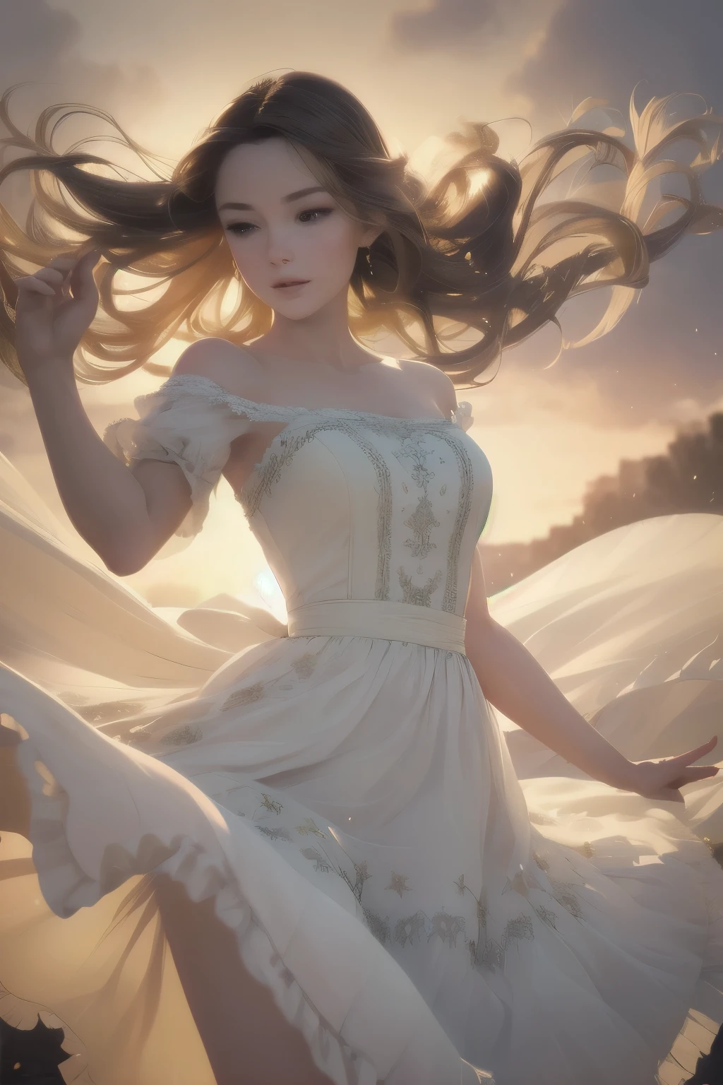 a beautiful young woman, gracefully twirling, her dress billowing in the wind, detailed facial features, elegant hairstyle, delicate feminine figure, photorealistic, high quality, hyperrealistic, highly detailed, cinematic lighting, warm color palette, dramatic lighting, intricate fabric textures, flowing movement, masterpiece