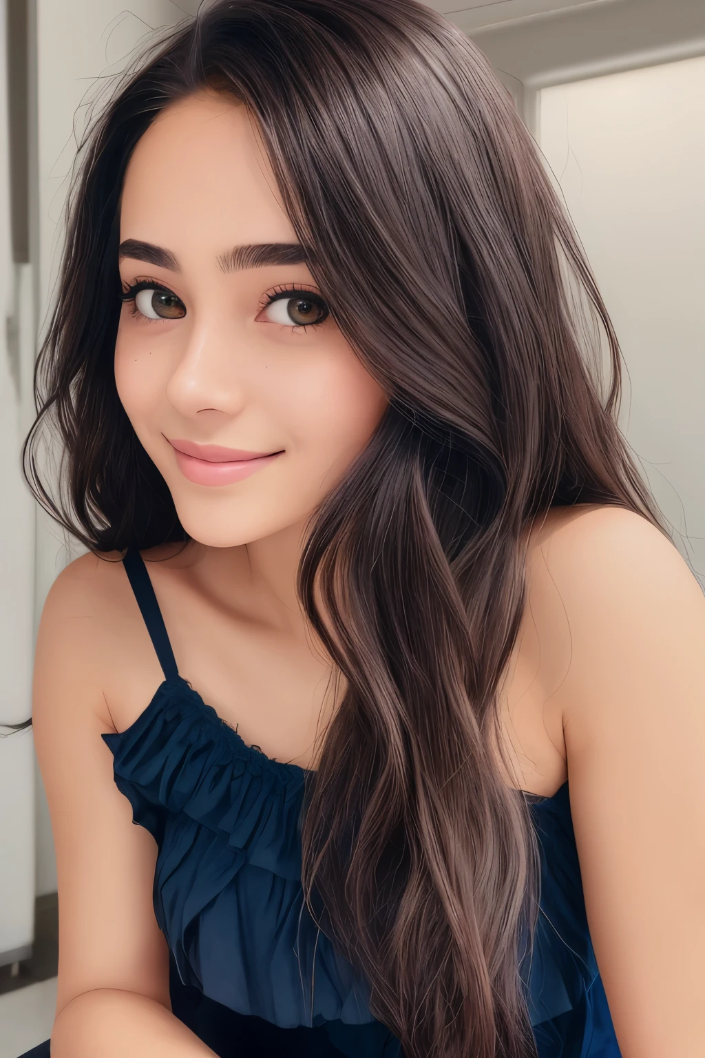 fully body photo、20 year old charming and stunning Brazilian mulatto girl、stright long hair、Detailed spots、Vein、pores(hitornfreckles:0.8)、Brown color of the skin、Beautiful face、a smile(White lace lingerie:0.5)、Very detailed bright dark blue eyes(looking in camera)、Spectacular lighting、Digital SLR、ultra-quality、sharp focus、sharp、DOF、film grains、central、fujifilmxt3、crystalline、The symmetrical composition