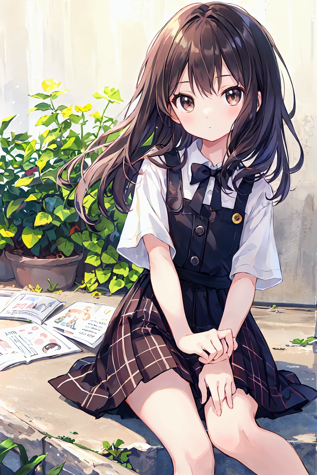 (*****)，Highest quality，Beautiful face in every detail，cute，Dark brown eyes，(背の低いcute女の子，********************，Young and delicate girl）,（masterpiece，Highest quality)，Black Hair，Sleepy look，Short sleeve white shirt，Plaid white skirt