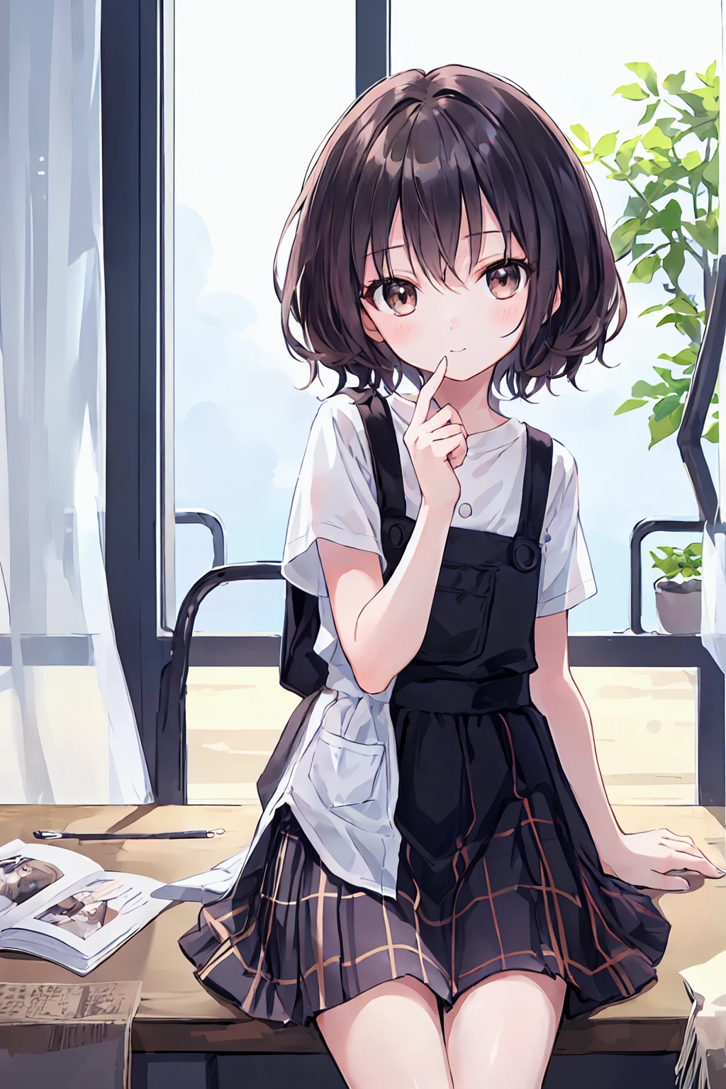 (child)，Highest quality，Beautiful face in every detail，cute，Dark brown eyes，(背の低いcute女の子，Little young student，Young and delicate girl）,（masterpiece，Highest quality)，Black Hair，Sleepy look，Short sleeve white shirt，Plaid white skirt