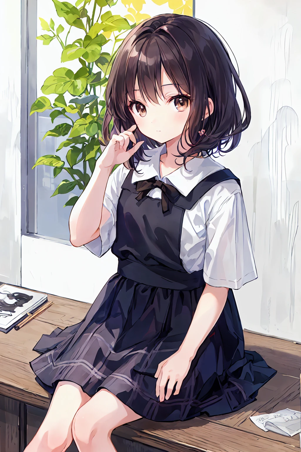 (child)，Highest quality，Beautiful face in every detail，cute，Dark brown eyes，(背の低いcute女の子，Little young student，Young and delicate girl）,（masterpiece，Highest quality)，Black Hair，Sleepy look，Short sleeve white shirt，Plaid white skirt