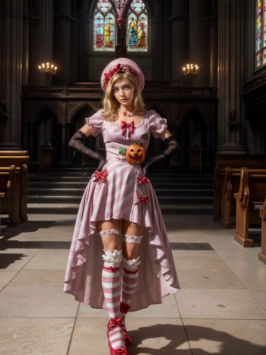 (1 lady), The beautiful, (Best quality at best:1.4), (ultra - detailed), (extremely detailed CG unified 16k), gold blonde hair, very detailed, High-definition RAW color photo, professional photoshooting, amazing face and eyes, cosmetics, (amazingly beautiful girl), ((lambdadelta, tall woman, taller)), ((dress, shoes bow, red shoes, striped stockings, red bow, pink hat, necklace, gloves, pearl, pumpkin brooch, pink dress)), standing, sexyposture,(Dark and stylish cathedral, stained glass, altar, before the altar, candle lights, candle lights:1.3), (look from down), realistic cinematic face, head to feet long wide zoomed out view, full body long view, photorealistic, ((realistic natural blonde hair style, honey eyes)), gorgeous, extremely beautiful face, perfect model beauty, pout mouth, flirting smile, cleavages, city girl, western, shopping in the city, (masterpiece), best quality, high resolution, extremely detailed, blurred background, depth of field, cinematic lighting, (amazing legs, strong legs, athletic legs), high heels, clear and well-cared skin