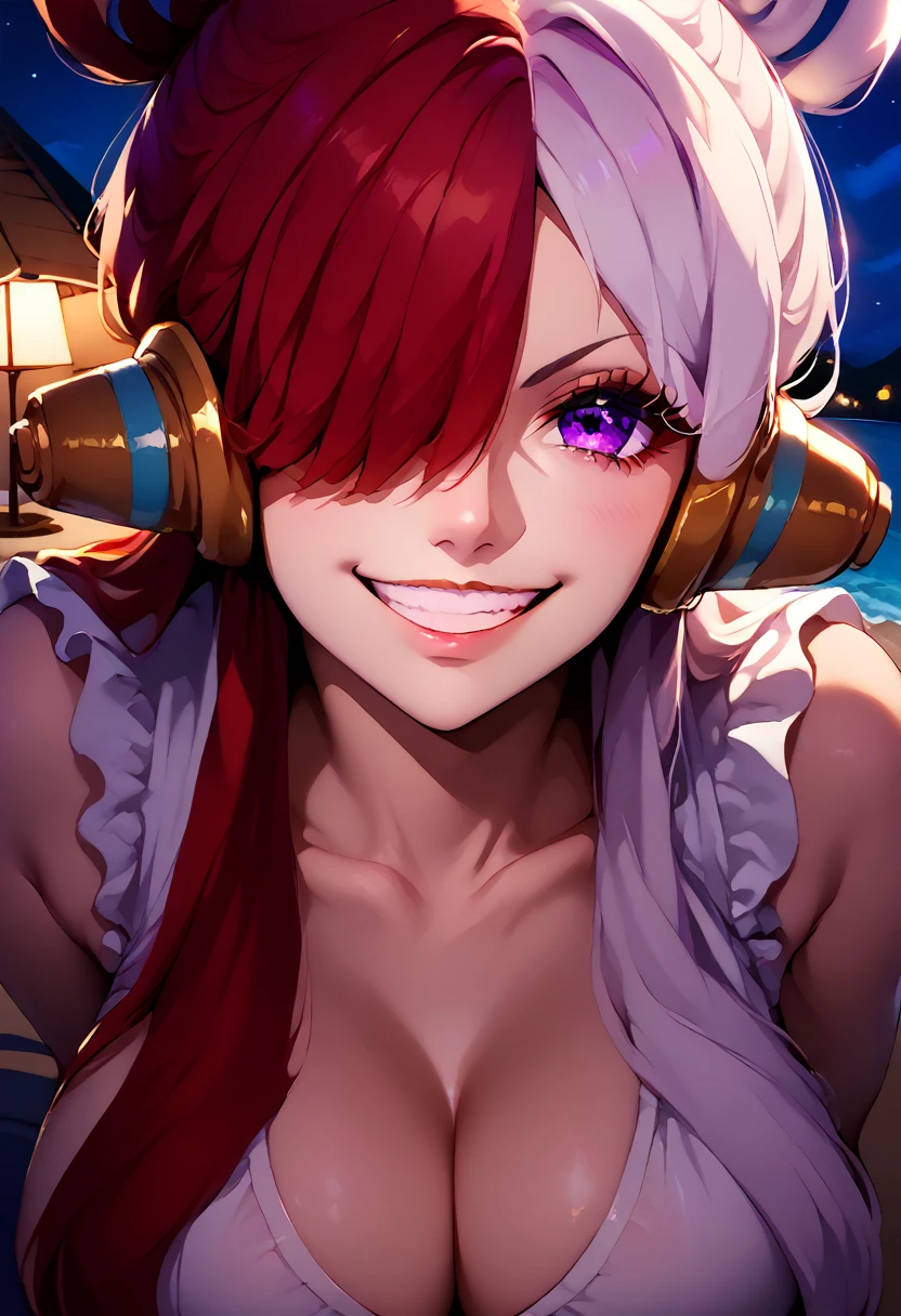 onepieceuta, uta, long hair, (purple eyes:1.1), white hair, red hair, multicolored hair, (hair over one eye:1.5), two-tone hair, split-color hair, hair rings, sidelocks, Villain, seductive smile, evil grin, headphones, POV, purple briefs, erection, foreplay, Dark beach, Night, Dark, masterpiece, Top animation quality, Top image quality, 