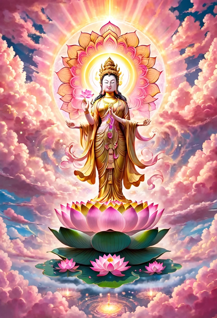 Golden Kannon statue on the clouds, magnificent vision, chakra shining, mandala, big sphere of light, emitting light, perfect lighting, pink lotus flower blooming, lotus flower floating