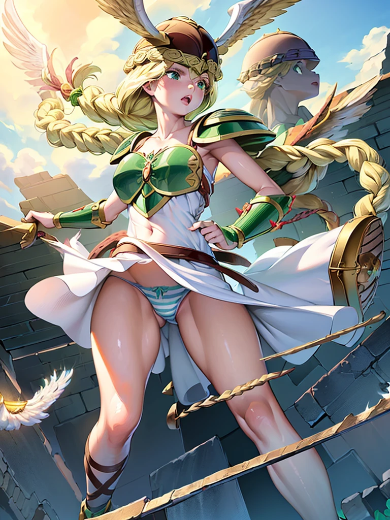 masterpiece,best quality, 1girl, 18yo, beautiful girl,BREAK,(Armor:1.8),(Helmet with wings:1.7),(Beautiful blonde,braid,Green Eyes:1.5),BREAK,(White Dress,Blue and white striped panties,navel exposed:1.4),BREAK,(naughty face, naughty:1.3), (blue sky:1.2),(Running on clouds:1.3),(move chart:1.3),