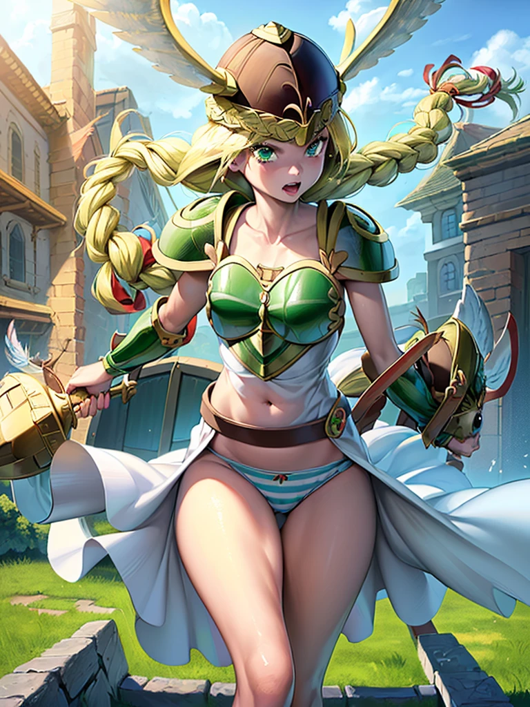 masterpiece,best quality, 1girl, 18yo, beautiful girl,BREAK,(Armor:1.8),(Helmet with wings:1.7),(Beautiful blonde,braid,Green Eyes:1.5),BREAK,(White Dress,Blue and white striped panties,navel exposed:1.4),BREAK,(naughty face, naughty:1.3), (blue sky:1.2),(Running on clouds:1.3),(move chart:1.3),