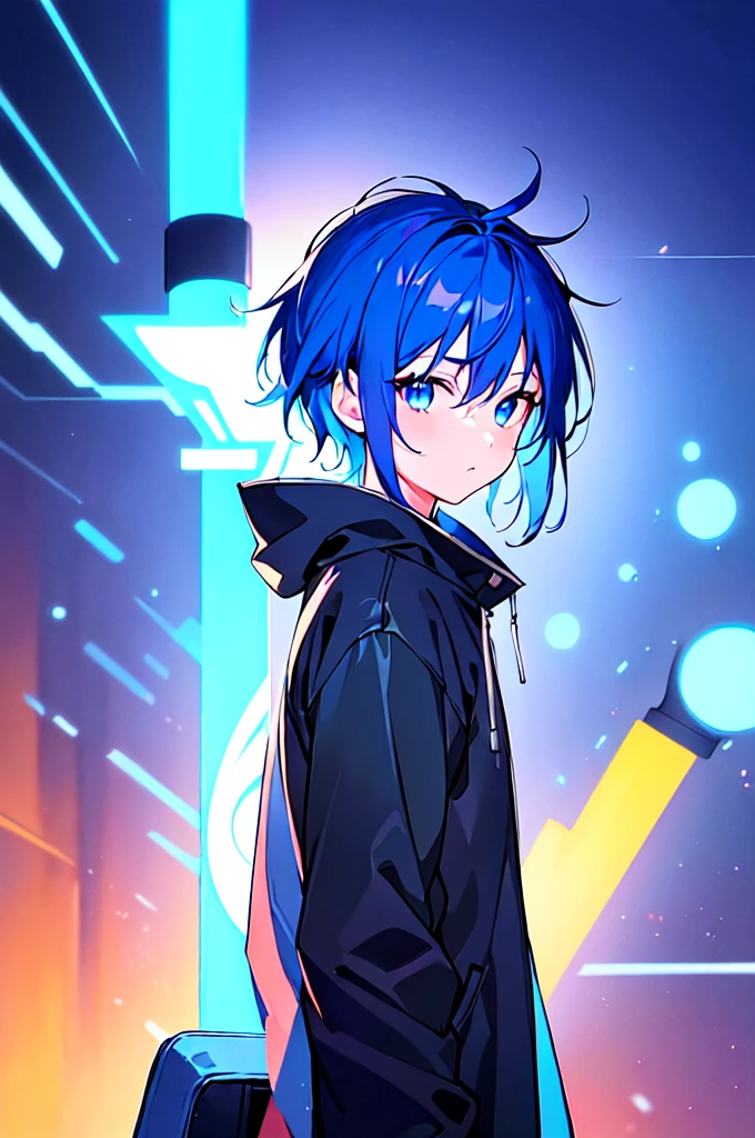 [(ATMOSPHERE BACKGROUND:1.5),::5], ((((masterpiece)))), high quality, ultra very high resolution, full color, (((solo))), (()), oriental Blue hair, (oriental blue eyes), anime, ((upper body)), neon light, black parka, 