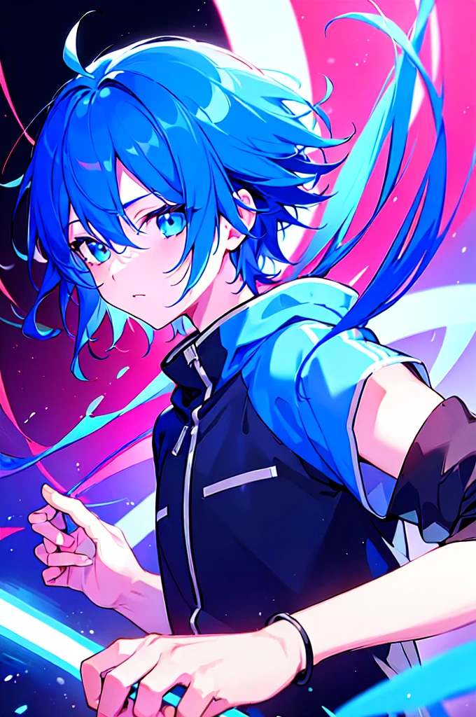 [(ATMOSPHERE BACKGROUND:1.5),::5], ((((masterpiece)))), high quality, ultra very high resolution, full color, (((solo))), ((little boy)), oriental Blue hair, (oriental blue eyes), anime, ((upper body)), neon light, black parka, 