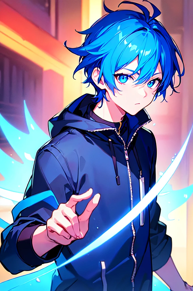 [(ATMOSPHERE BACKGROUND:1.5),::5], ((((masterpiece)))), high quality, ultra very high resolution, full color, (((solo))), ((little boy)), oriental Blue hair, (oriental blue eyes), anime, ((upper body)), neon light, black parka, 