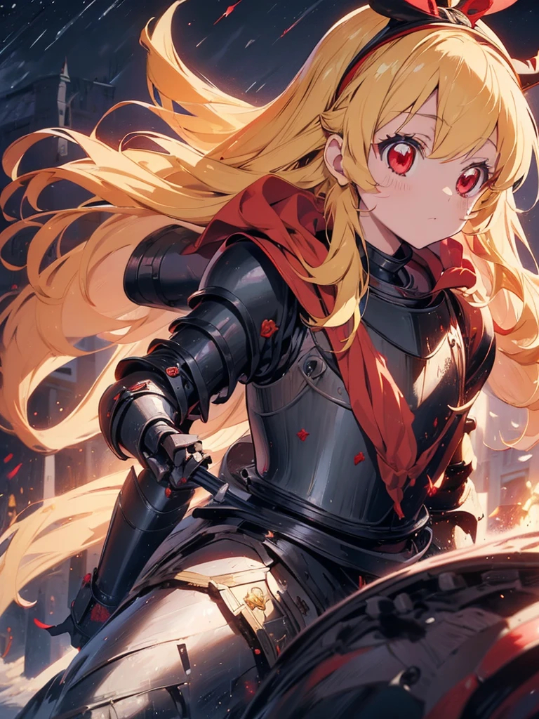 (RED Ribbon on HAIRband:1.2),(blonde hair :1.5),long hair,hair ornament,(((RED eyes))),(Anime Girl: 1.2), (Master Piece)), (Best Quality: 1.2), (8k Quality)), (Extremely Detailed Illustration)), (super fine Illustration)), an Extremely Delicate and Beautiful, Ultra High Resolution,fantasy,18 yo, cute face, kawaii,1 girl, solo,medium breasts,
(knight girl:1.7),(black diamond knight armor:1.7),((red cape)),weapon,(hand holding a trident:1.3),night,moon,castle town,outdoor:1.5,,Ichigo Hoshimiya (Aikatsu!),samurai,
