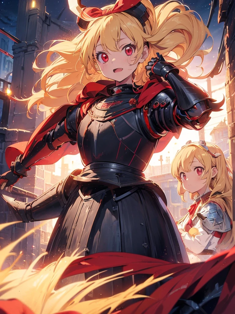 (RED Ribbon on HAIRband:1.2),(blonde hair :1.5),long hair,hair ornament,(((RED eyes))),(Anime Girl: 1.2), (Master Piece)), (Best Quality: 1.2), (8k Quality)), (Extremely Detailed Illustration)), (super fine Illustration)), an Extremely Delicate and Beautiful, Ultra High Resolution,fantasy,18 yo, cute face, kawaii,1 girl, solo,medium breasts,
(knight girl:1.7),(black diamond knight armor:1.7),((red cape)),weapon,(hand holding a trident:1.3),night,moon,castle town,outdoor:1.5,,Ichigo Hoshimiya (Aikatsu!),samurai,