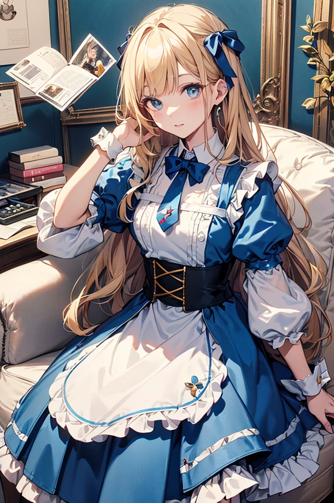 (Official art、Best Quality、Unity 8k Wallpapers、32K、​masterpiece、ultra-detailliert、超A high resolution)、Fantastical、((alice in the wonderland))、a blond、Tie your hair with a ribbon、Blue colored eyes、Blue Apron Dress、white sock、PlayingCards、bunny rabbit