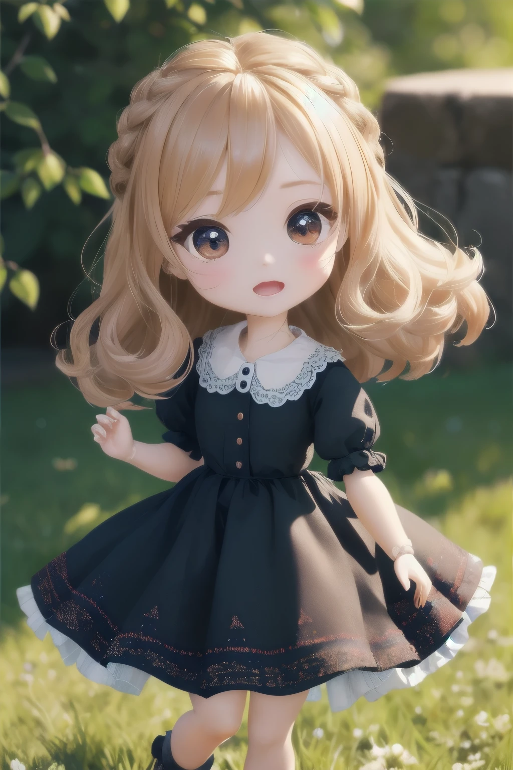 Chibi Girl Doll、Spinning gracefully、Dresses fluttering in the wind、Detailed facial features、Aggressive composition、Elegant hairstyle、Delicate feminine figure、Photorealistic、high quality、Ultra-realistic、Very detailed、Cinematic lighting、Warm color palette、Dramatic lighting、Complex fabric texture、Fluid movement、masterpiece