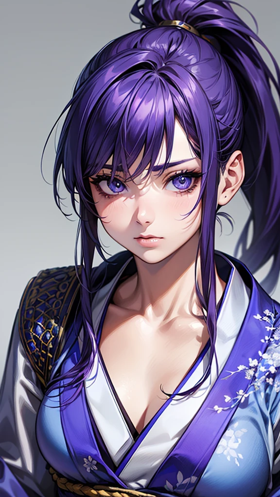 Highest quality, Ultra-high resolution, (Realistic: 1.4), beautiful Eyes, Super beautiful, beautiful, One person、Warrior, Japanese style Blue tones、whole body、(Purple Hair、ponytail),beautiful Soldier, Eyes that beckon, Droopy eyeistress&#39;s point of view, Attractive look, Fearless smile, Perfect Style, Perfect balance, Detailed skin dancing,  ((beautiful景色,snow), night)
