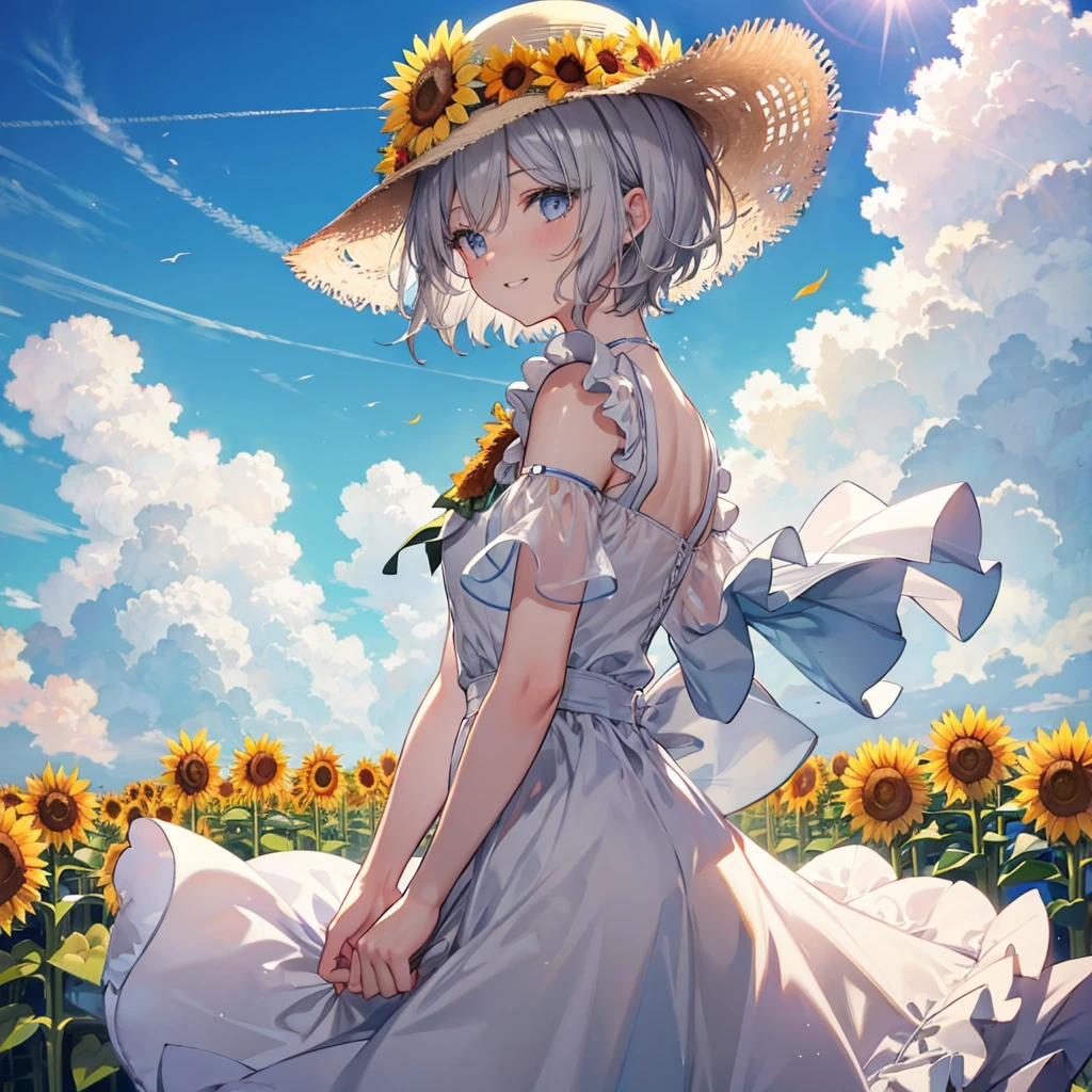 ((((Frilly clothes Sunflower field)))) (((Gray Hair short hair blue eyes woman profile View sunflowers))),((Blowing in the Wind sunlight sun cloud)),(Wearing a hat Beige clothes smile), Showing teeth Shining Background Shining Edges