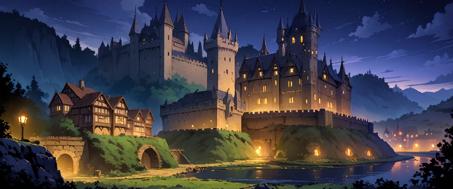 A European medieval castle on a hill，There is a moat around it，Beautiful environment。night，Night view。Mid-ground composition，Panorama pictures，Scene screen，Game concept art style，Anime illustration style，HD，4K。