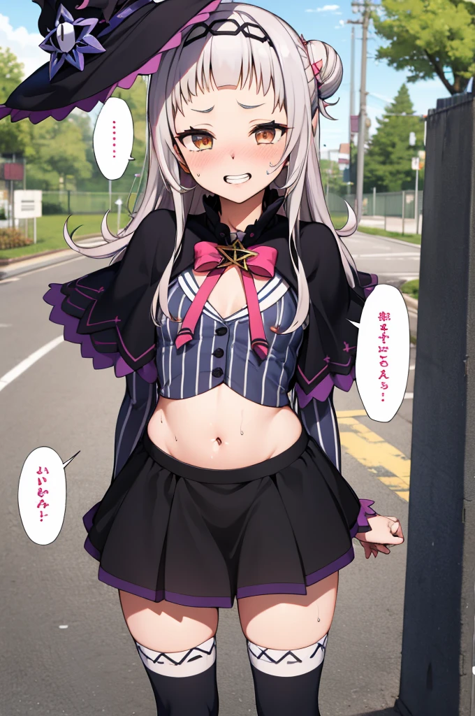 masterpiece, best quality, highres, aashion, 1girl, long hair, (single hair bun:1.1), short eyebrows, small breasts, hairband, witch hat, pink bowtie, black capelet, pinstripe shirt, long sleeves, midriff, black skirt, miniskirt, striped thighhighs, aged down, cowboy shot, standing, outdoors, smile, upper teeth,,erect nipple,sweating,(sex)