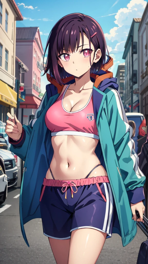 {{{masterpiece}}}, {{{best quality}}}, {{ultra-detailed}}, {illustration}, {{an extremely delicate and beautiful}}, (beautiful detailed eyes:1.6), extremely detailed face, 16k, visual anime de uma jovem mulher, extremamente bonito rosto de anime, anime melhor garota,(High resolution eyes, Beautiful eyes, Light in the eyes), anime face, shizuka mikazuki(Zom 100: Bucket List of the Dead), MShizukaV4, cute face, short hair, purple hair, hair ornaments, hair clip, (pink eyes:1.5), flowing bangs, medium breasts, thin waist, big hips, curvaceous, break ,navel, cleavage, Jacket, open clothes, abdomen, hood, open Jacket, blue Jacket, hooded Jacket, play sports often, hood down, pink mini skirt, brown pantyhose, thighs, zettai ryouiki, BREAK, cool face, walking, flushed cheeks, looking at viewer, outdoor, city, building, sky, daytime, cowboy shot
