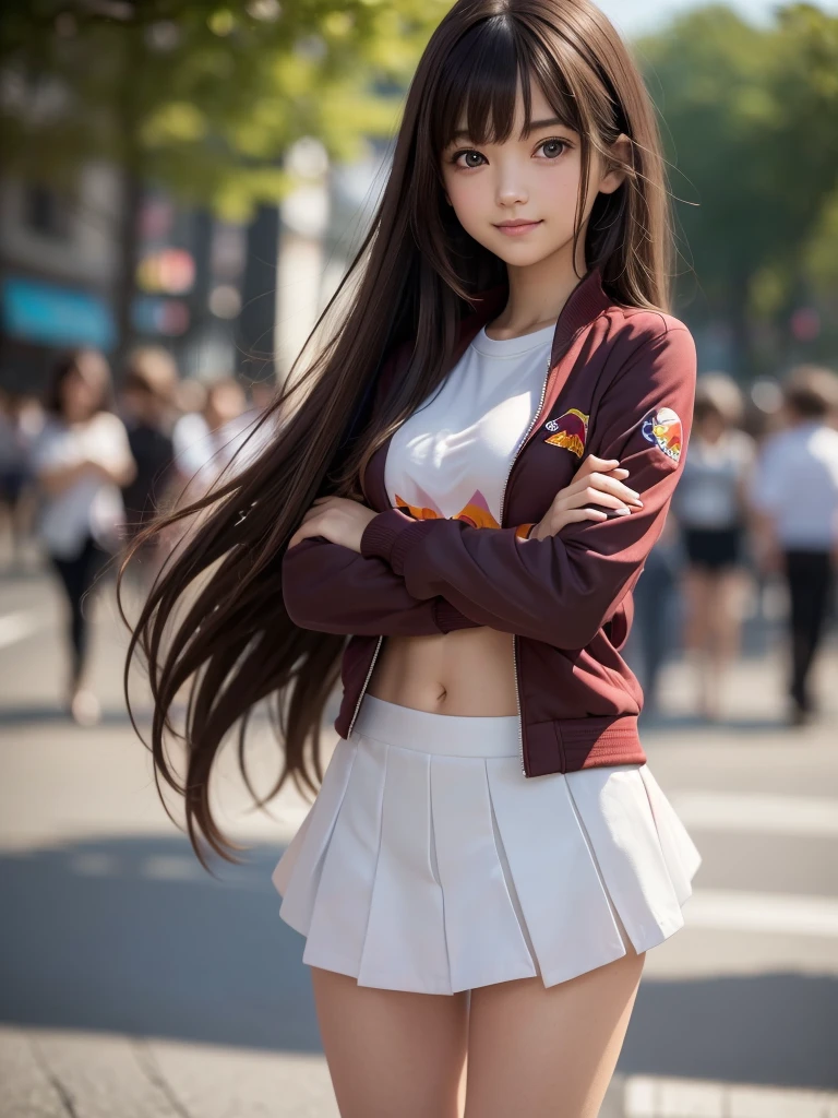 (8K, RAW Photos, Highest quality, masterpiece:1.2), (Realistic, photo-Realistic:1.4), (Highly detailed 8K wallpapers), ((Full Body Shot)), (1 girl), Sharp focus, Depth of written boundary, Cinematic lighting, Soft Light, 緻密な美しさのeye, eye_Chan, Very beautiful 17 year old girl, innocent big eyes, Realistic, photo Realistic, Highly detailed cute girl, (Thin thighs), (Model Body Type), 18-year-old, ((red bull track jacket)), (Casual T-shirts), (Black micro mini tight skirt), (((Fold your arms in front of your chest and act arrogantly))), ((A happy smile)), Parted lips, Watching the audience, (On the streets of Tokyo) , (Brown Hair),（Long Bob Hair), (Asymmetrical bangs)