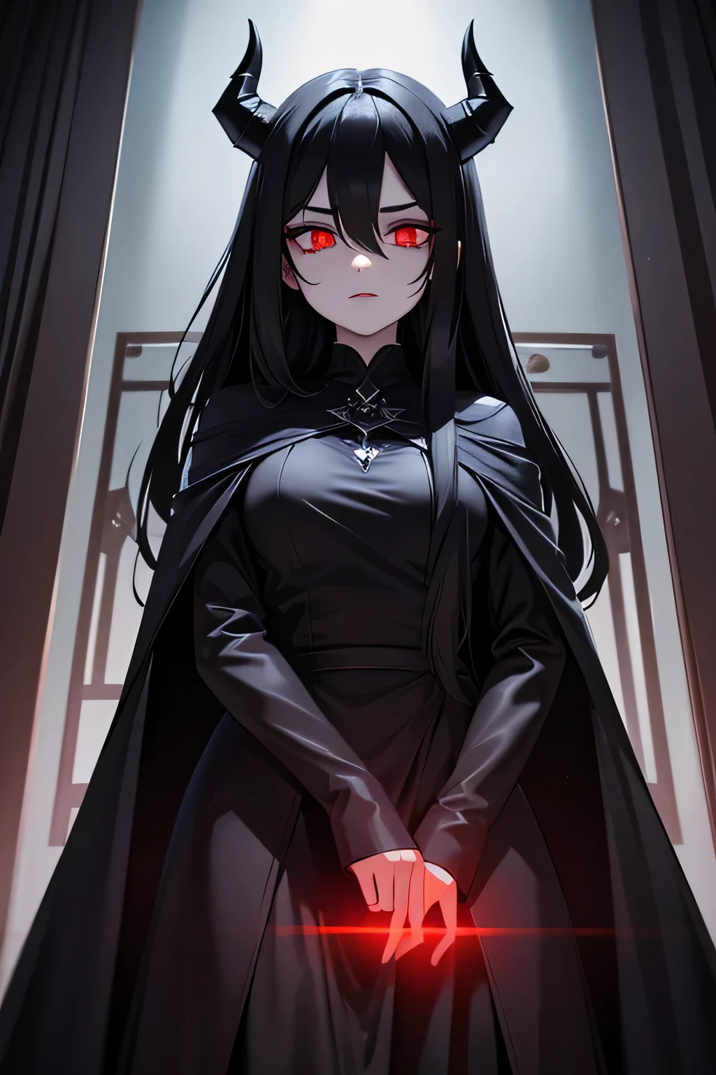 demon woman, very dark and ominous aura, long black hair, black dress, black raincoat, Long horns, red, terrifyingly glowing eyes