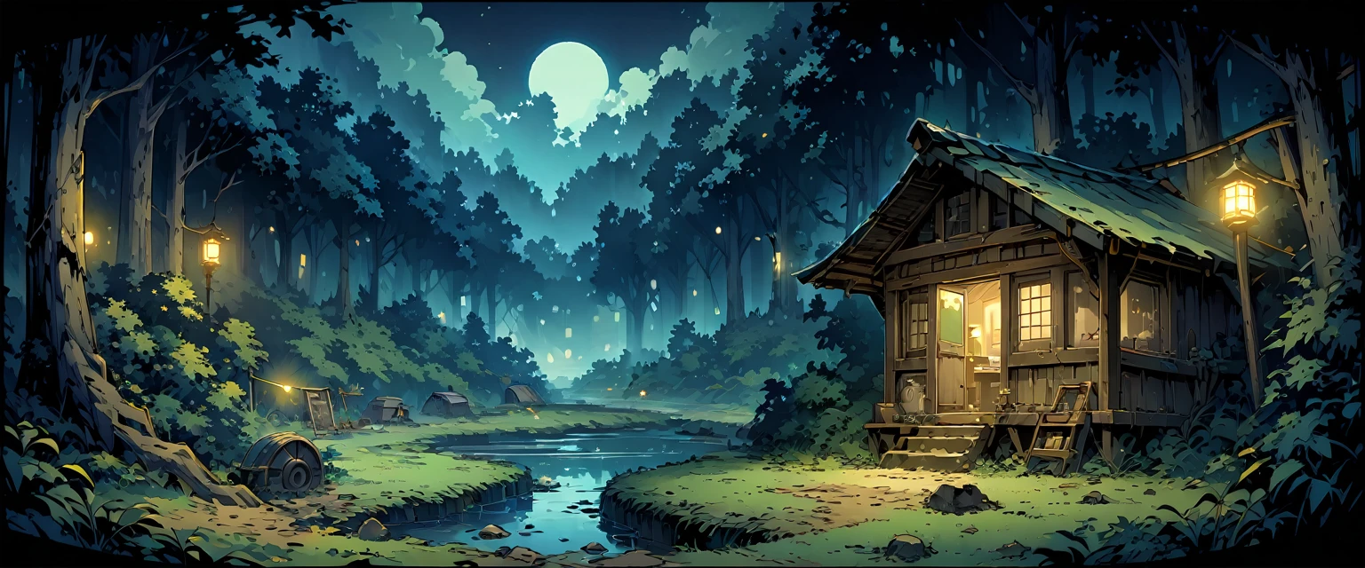 forest,forest被神秘的微光笼罩,forest有一个湖,The lake is surrounded by bushes and trees,There is a dilapidated hut。night,Night view。Mid-ground composition,Panorama pictures,Scene screen,Game concept art style,Anime illustration style,HD,4K。
