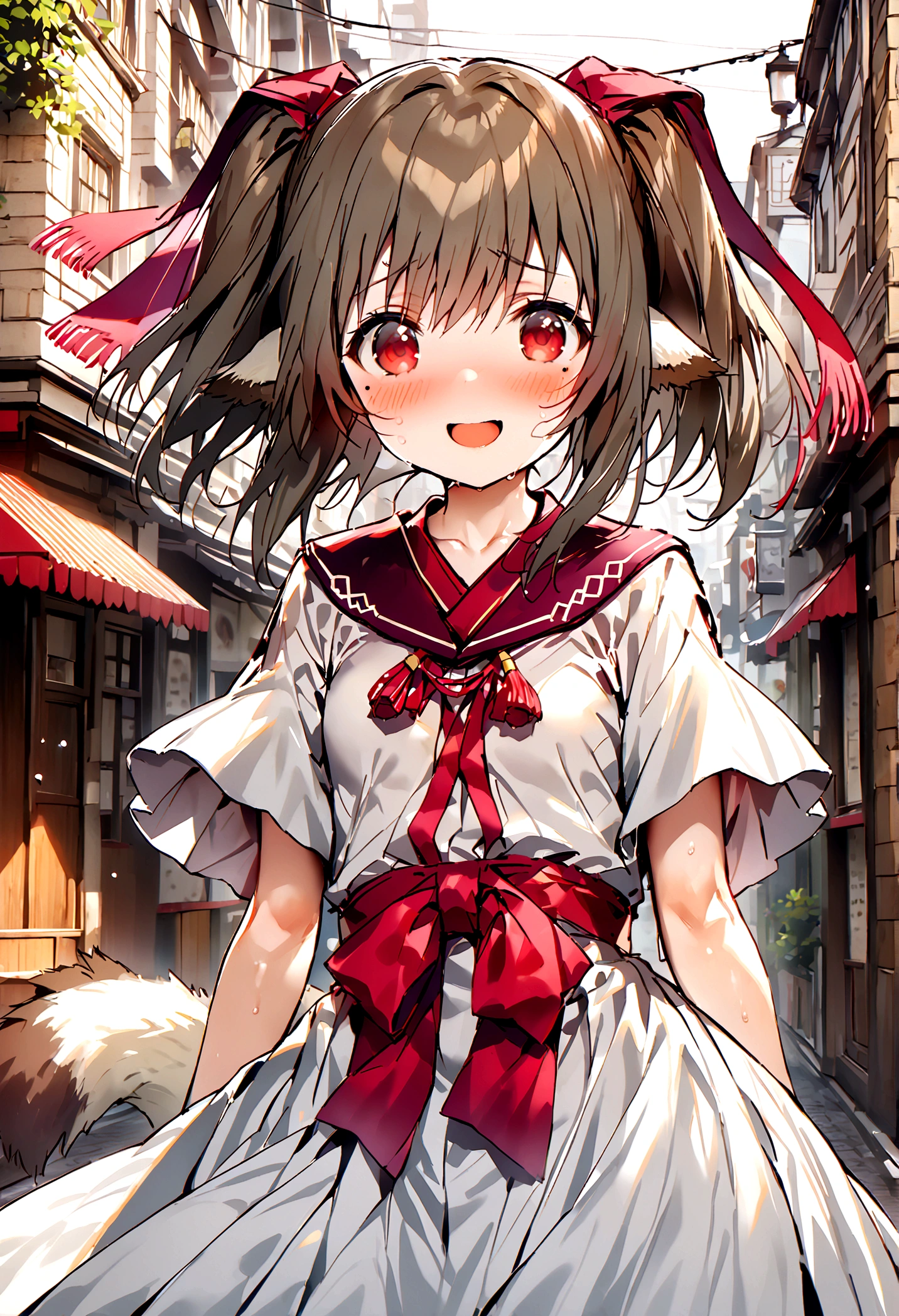 NSFW,masterpiece,Highest quality,High resolution,Super detailed,nekone \(utawarerumono\),Brown Hair、（Red Eye：1.3）、ribbon,Animal Ears,Twin tails、ヘアribbon、Mole、目の下のMole,Small breasts,(High-quality silk dress),blush,Expecting face,Be nervous,smile,bustling street