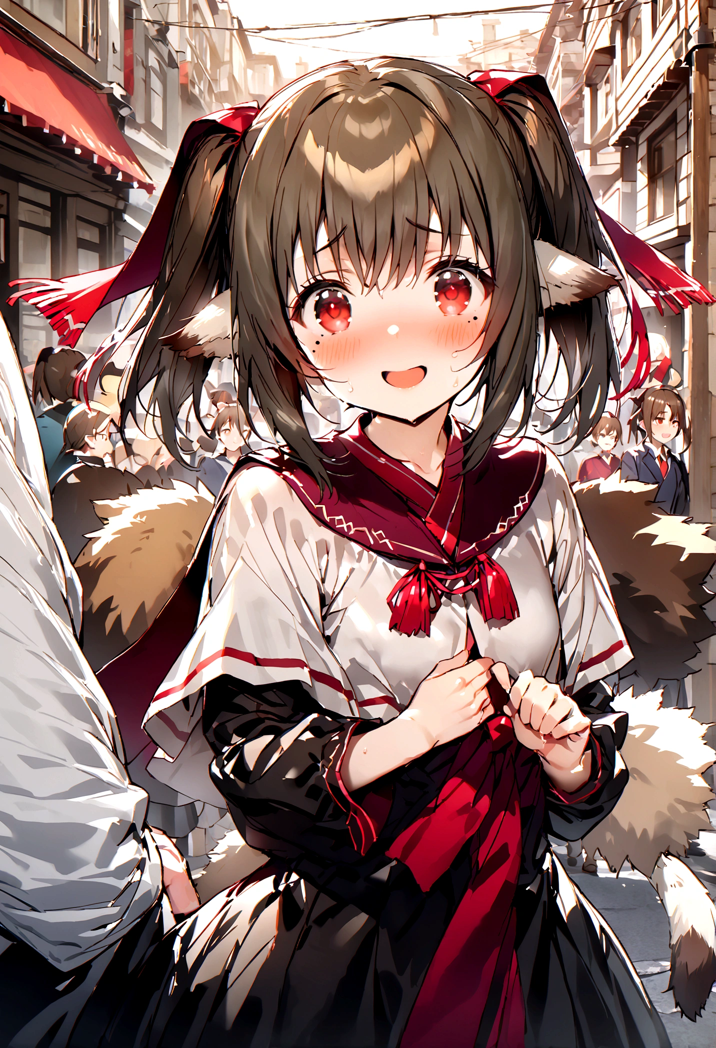 NSFW,masterpiece,Highest quality,High resolution,Super detailed,nekone \(utawarerumono\),Brown Hair、（Red Eye：1.3）、ribbon,Animal Ears,Twin tails、ヘアribbon、Mole、目の下のMole,Small breasts,(High-quality silk dress),blush,Expecting face,Be nervous,smile,bustling street