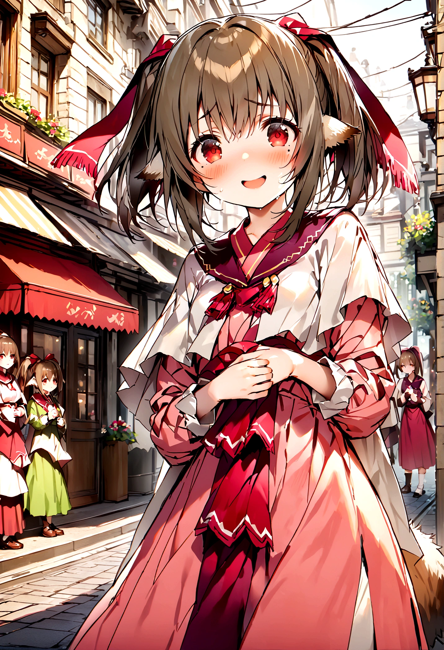 NSFW,masterpiece,Highest quality,High resolution,Super detailed,nekone \(utawarerumono\),Brown Hair、（Red Eye：1.3）、ribbon,Animal Ears,Twin tails、ヘアribbon、Mole、目の下のMole,Small breasts,(High-quality silk dress),blush,Expecting face,Be nervous,smile,bustling street