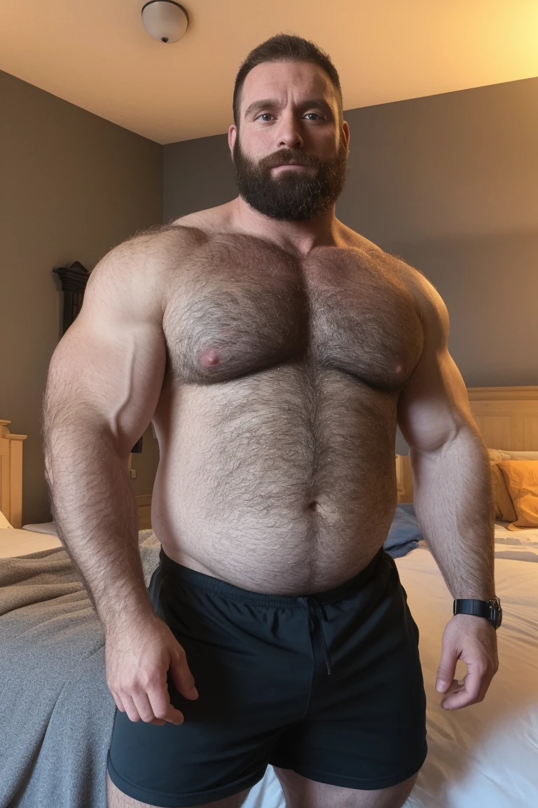 8K HDR Very Extremely Realistic Very Detailed High Quality 8K HDR Very Realistic 46 year old daddy rugged bodybuilder muscle bears man, 8KHDR very realistic detailed hairy, 8KHDR very realistic beared big daddy muscle bear, and 8KHDR very realistic detailed rugged burly man in shorts. 8KHDR Very Realistic legs, 8KHDR very realistic hair, 8KHDR very realistic beards, 8KHDR very realistic thick chubby fat neck, 8KHDR very realistic neck lines, 8KHDR very realistic detailed neck, 8KHDR very realistic belly, 8KHDR very realistic burly chest, 8KHDR very realistic detailed hairy burly strong chest and arms, 8KHDR very realistic detailed hairy burly strong chest and arms, 8KHDR very realistic pecs, 8KHDR very realistic burly muscle bear body, 8KHDR very realistic nipples, 8KHDR very realistic burly muscle bear body, 8KHDR very realistic face, 8KHDR very realistic detailed face, 8KHDR very realistic eyes, 8KHDR very realistic detailed eyes, 8KHDR very realistic pupils, 8KHDR very realistic detailed pupils, 8KHDR very realistic head, 8KHDR very realistic waist, 8KHDR very realistic facial features, 8KHDR very realistic burly arms, 8KHDR very realistic elbows, 8KHDR very realistic hands, 8KHDR very realistic pecs, 8KHDR very realistic belly, 8KHDR very realistic human man body, 8K HDR very realistic bellybutton, 8KHDR very realistic wrists, 8KHDR very realistic fingers, 8KHDR very realistic fingernails, 8KHDR very realistic shoulders, 8KHDR very realistic mouth, 8KHDR very realistic lips, 8KHDR very realistic mens clothing, 8KHDR very realistic detailed mens clothing. 8KHDR Very Realistic Hairy Bearded Burly Muscle bear Photoshoot, 8KHDR A very realistic burly muscle bear man in a bedroom, 8KHDR Very Realistic Intricately Detailed, 8KHDR very realistic detailed bedroom surroundings, 8KHDR very realistic surroundings lighting, No Deformities, captured with a 85mm lens, 8K HDR Very Ultra Realistic and, 8K HDR Clear HDR Quality full with very realistic real details