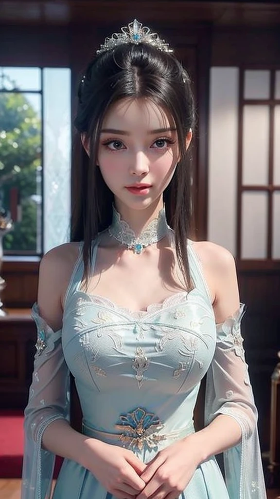 tmasterpiece,Best picture quality,HD 8K wallpaper,Beautiful picture,Elegant single woman,Round dress,Shiny eyes,Detail at its best,An exquisite masterpiece,Pure beauty and lightnesoderately aesthetic,Gentle and elegant,Attention to detail,Cyan white lace round princess dress,Immortal, full body portrait