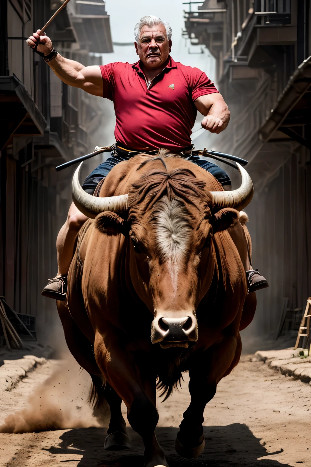 This is a masterpiece captured in the best quality, showcasing a seasoned man with a close-cropped white hair and a bold red shirt. He boldly rides a massive, muscular bull with a ferocious expression, the raw style of the image accentuating the power and ambition of the scene. The subject's skin has a stunning texture that is reminiscent of film grain, adding an authenticity and warmth to the ultra-detailed image. The light is cinematic, casting dramatic sidelighting across both the man and the bull, creating intricate shadows that enhance the depth and dimension of the scene. The high resolution allows for every detail of the muscular bull's hide