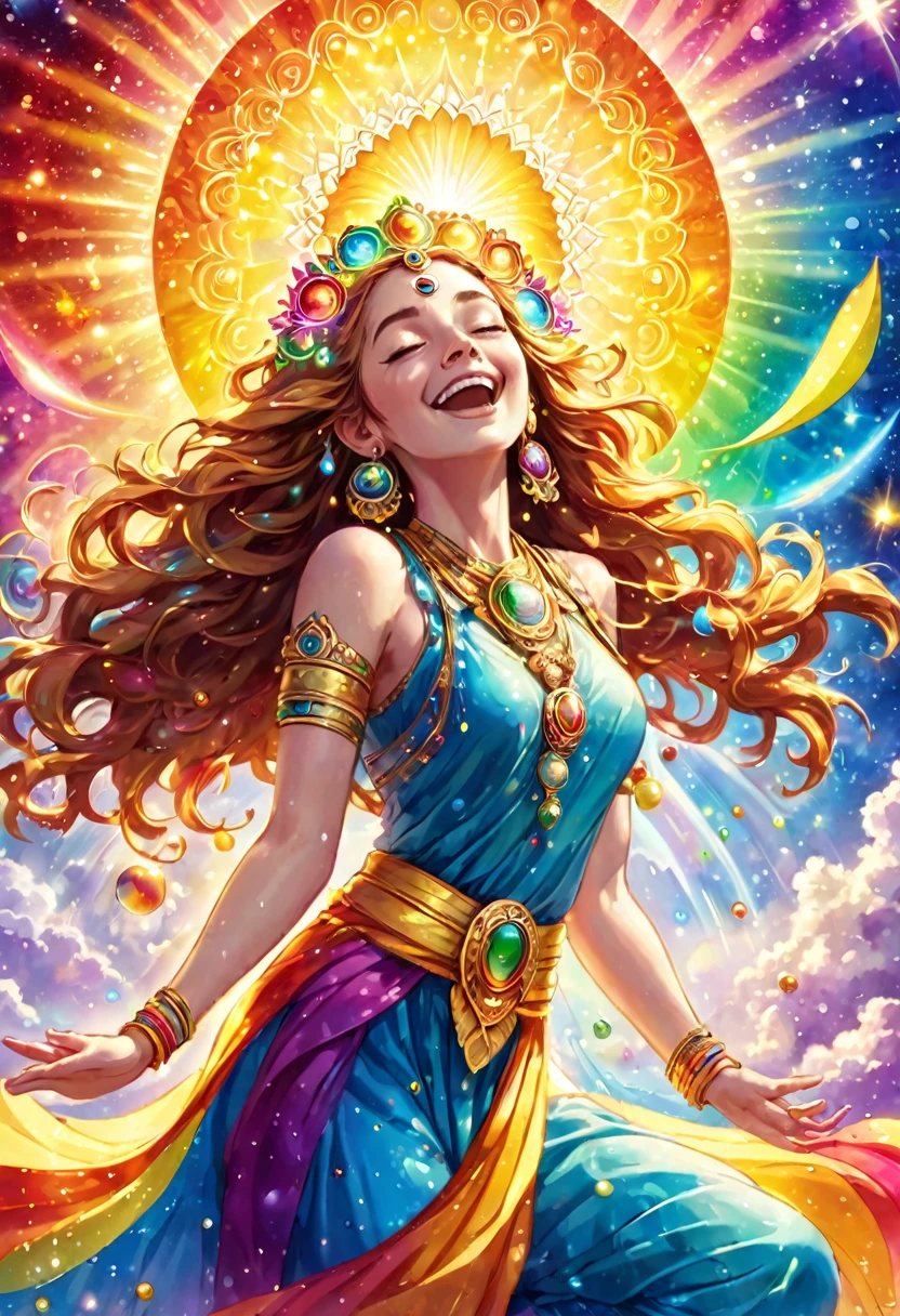 Coins are raining down from the galaxy and people rejoice, people's chakras are shining, in joy, soul light, golden, rainbow light, perfect illumination