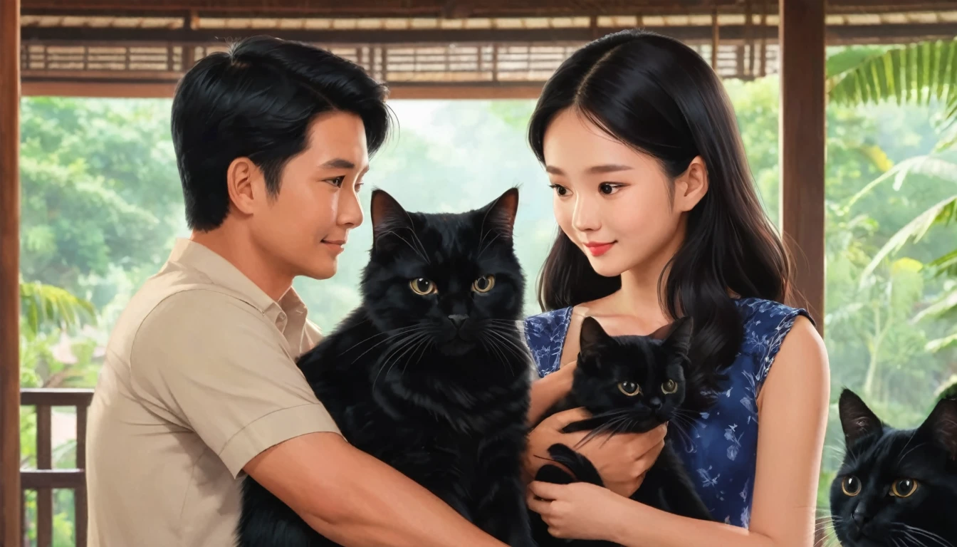 Inside a Thai family's inhome, the 30-year-old father, 30-year-old mother, and their 11-year-old daughter are spending time together. The daughter is holding a fluffy black cat in her arms. They are all engaged in conversation. Everyone has black hair. (Daughter and cat in the middle:1.4), (long shot:1.6). (fluffy black cat realistic:1.4)